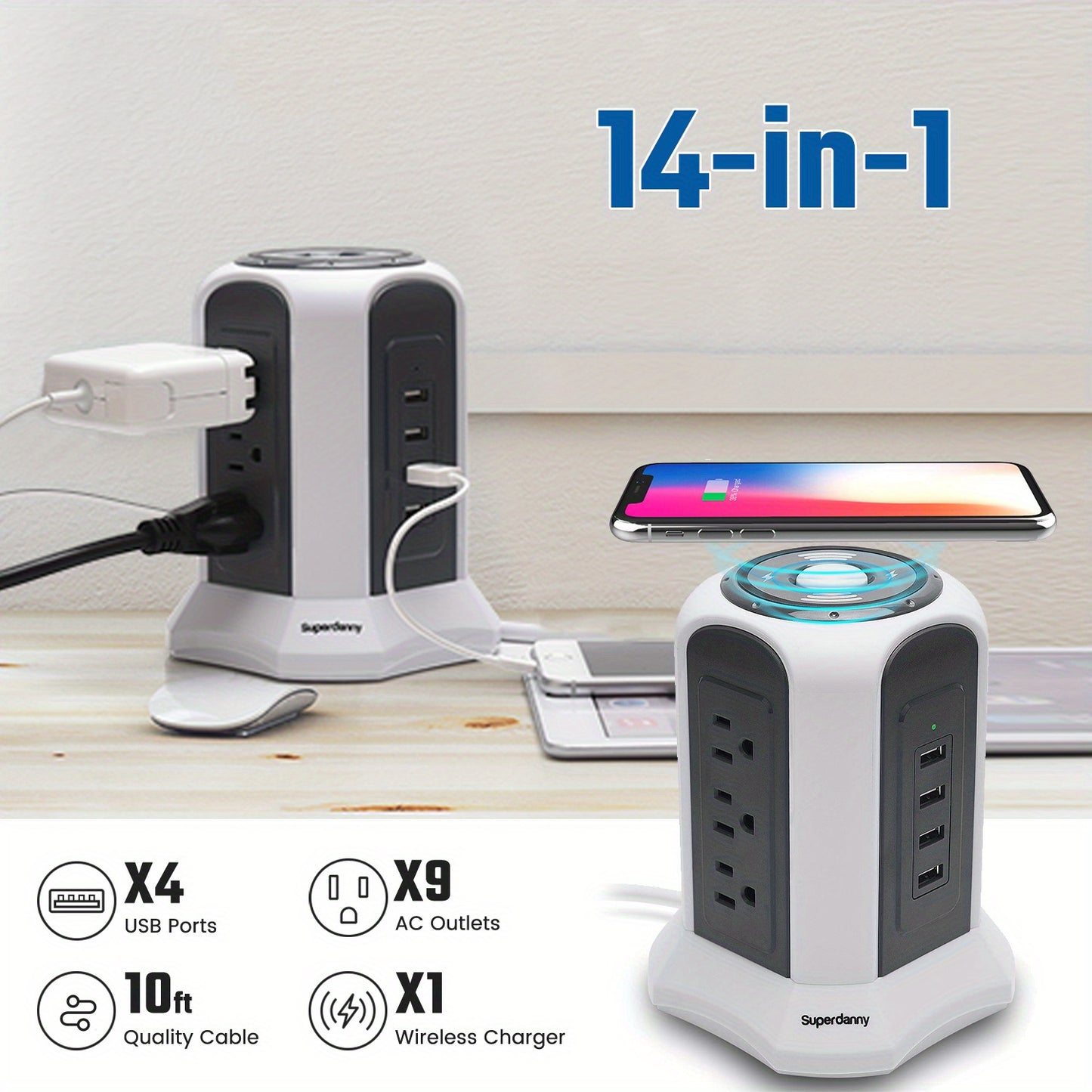 10ft Power Strip Tower Wireless Charger SUPERDANNY Surge Protector Long Extension Cord 10A 9-Outlet 4.5A 4 USB Electrical Charging Station Universal Socket for Laptop Phone White and Gray