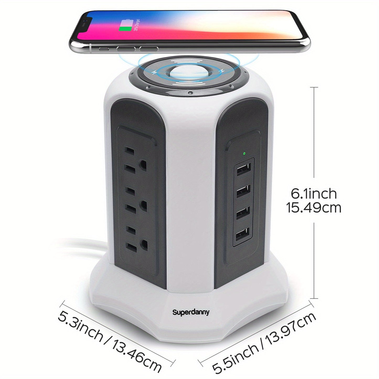 10ft Power Strip Tower Wireless Charger SUPERDANNY Surge Protector Long Extension Cord 10A 9-Outlet 4.5A 4 USB Electrical Charging Station Universal Socket for Laptop Phone White and Gray