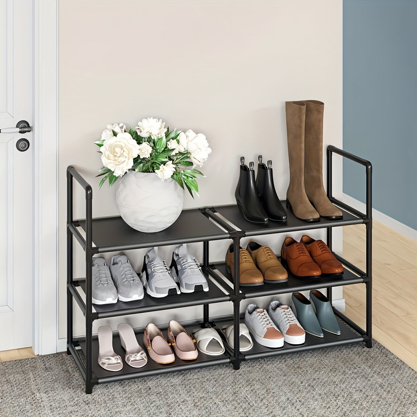 1pc 3-Tier Shoe Rack, 12-15 Pairs Sturdy Shoe Rack, Stackable Shoe Rack, Expandable Adjustable Cloth Shoe Rack Storage Organizer, Sturdy Metal Shoe Rack Organizer Garage Storage