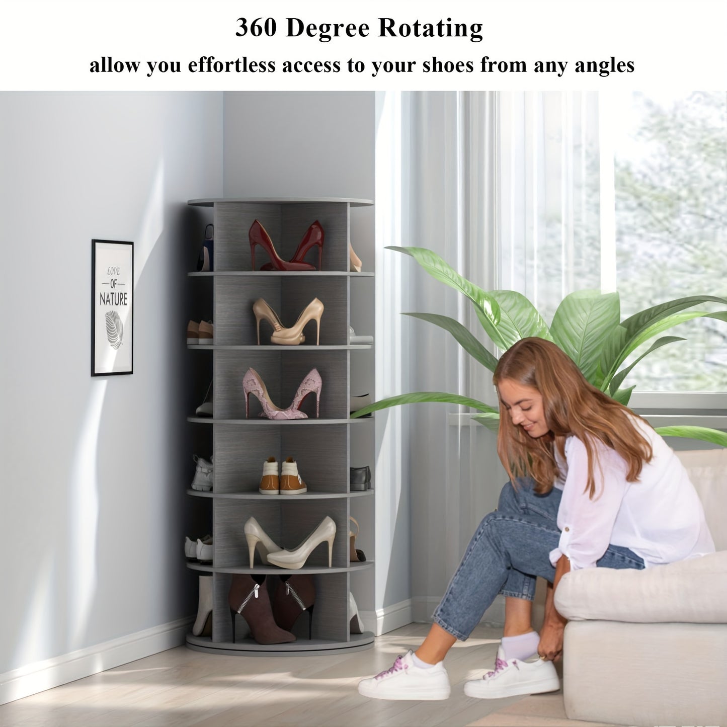 6-Tier Rotating Shoe Rack, 360° Spinning Shoe Organizer, Free-Standing Entryway Storage Tower for Shoes