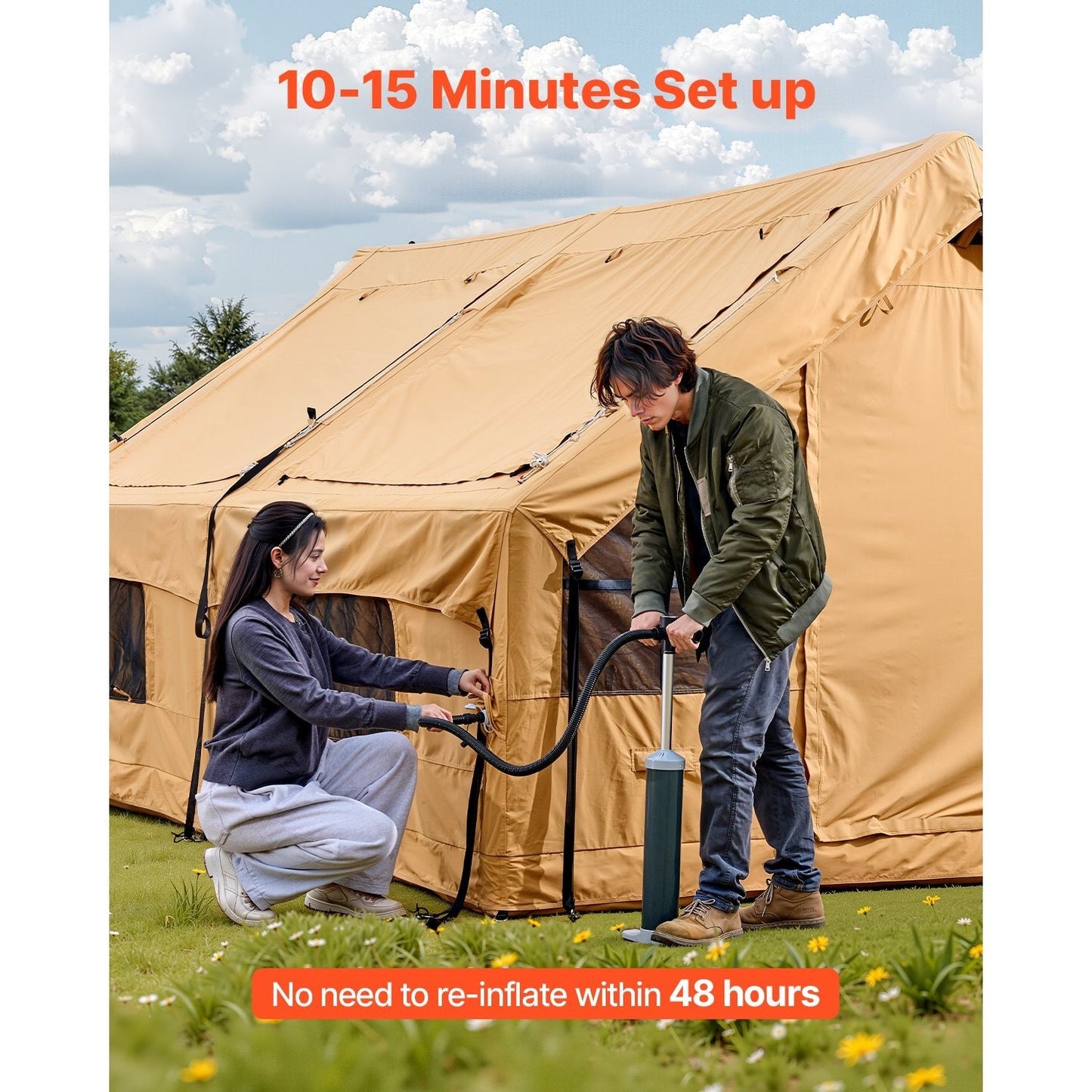 VEVOR Inflatable Tent 4*3.1m / 4.8*3.6m for Camping 5-8 Person / 12-16 Person Glamping Tent with Pump Easy Set up