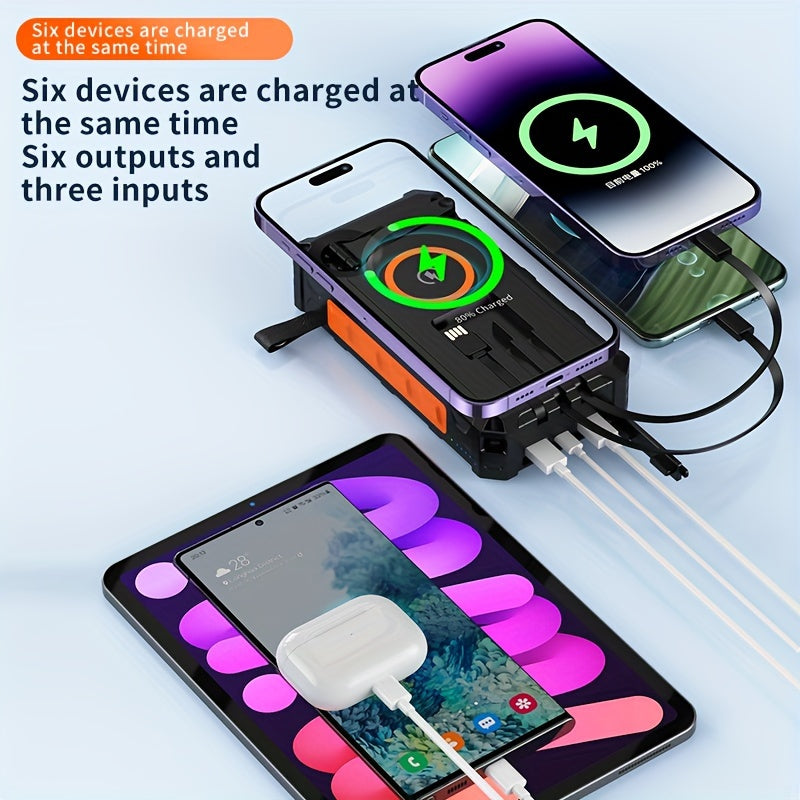 30000mAh Solar Portable Power Bank - Wireless Charger with 15W Fast Charging, 7 Outputs, 4 Inputs, Hand Crank, 3 Cables, SOS/Strobe/Strong Flashlights, and Rechargeable via Solar Panel or USB