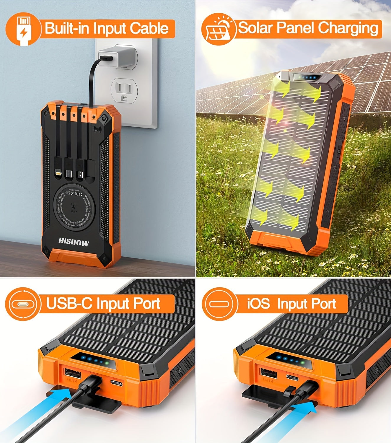 36800mAh Power Bank Wireless Charger Built in 4 Cables Six Outputs Fast Charging Power Bank for All Mobile Devices Three Inputs Solar Portable Charger with Dual Flashlights, Accessories Smartphone