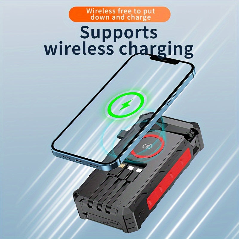 30000mAh Solar Portable Power Bank - Wireless Charger with 15W Fast Charging, 7 Outputs, 4 Inputs, Hand Crank, 3 Cables, SOS/Strobe/Strong Flashlights, and Rechargeable via Solar Panel or USB