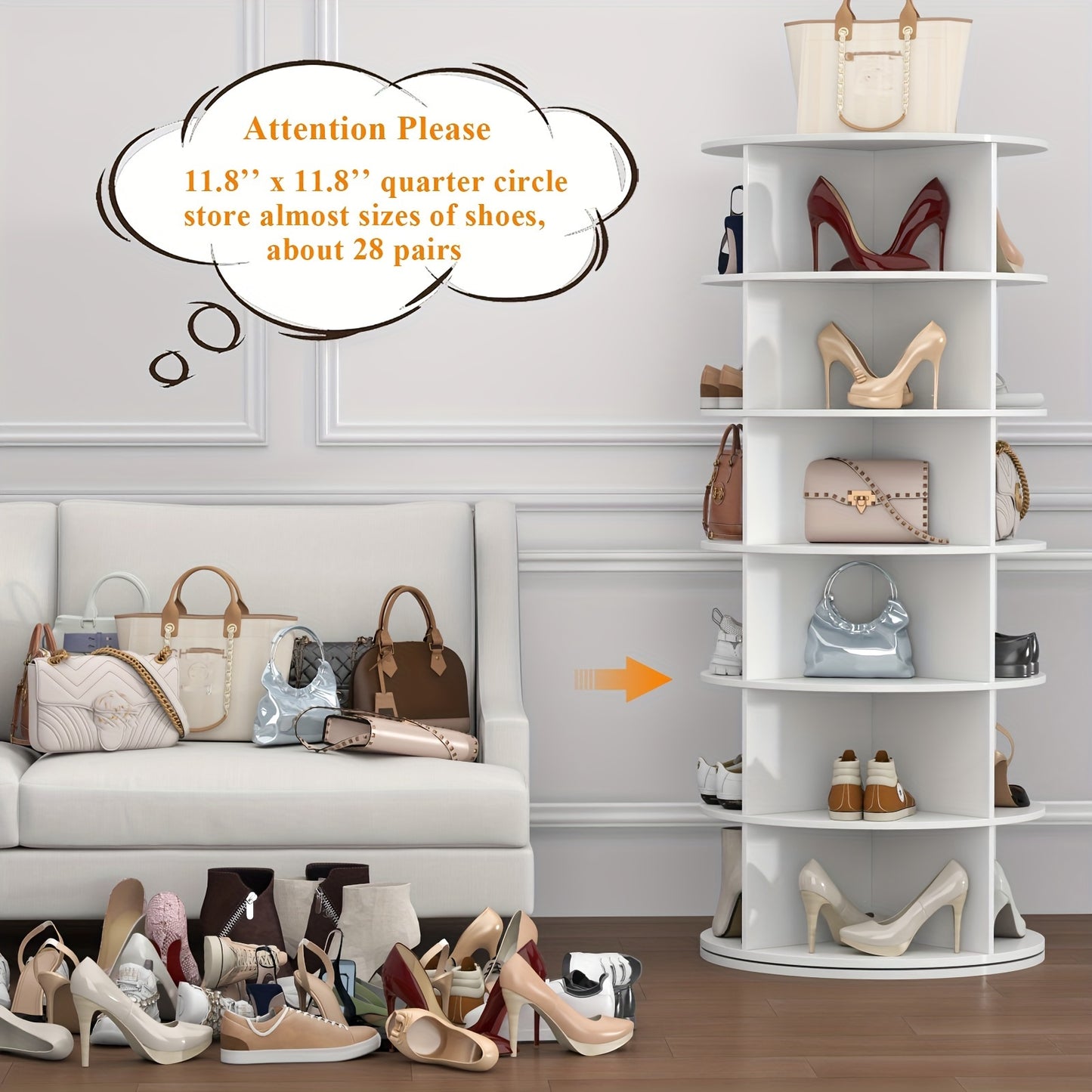6-Tier Rotating Shoe Rack, 360° Spinning Shoe Organizer, Free-Standing Entryway Storage Tower for Shoes