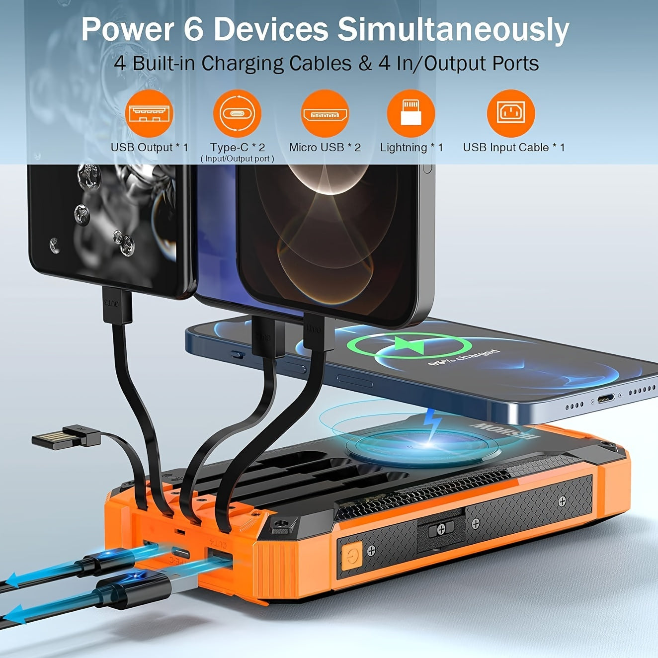 36800mAh Power Bank Wireless Charger Built in 4 Cables Six Outputs Fast Charging Power Bank for All Mobile Devices Three Inputs Solar Portable Charger with Dual Flashlights, Accessories Smartphone