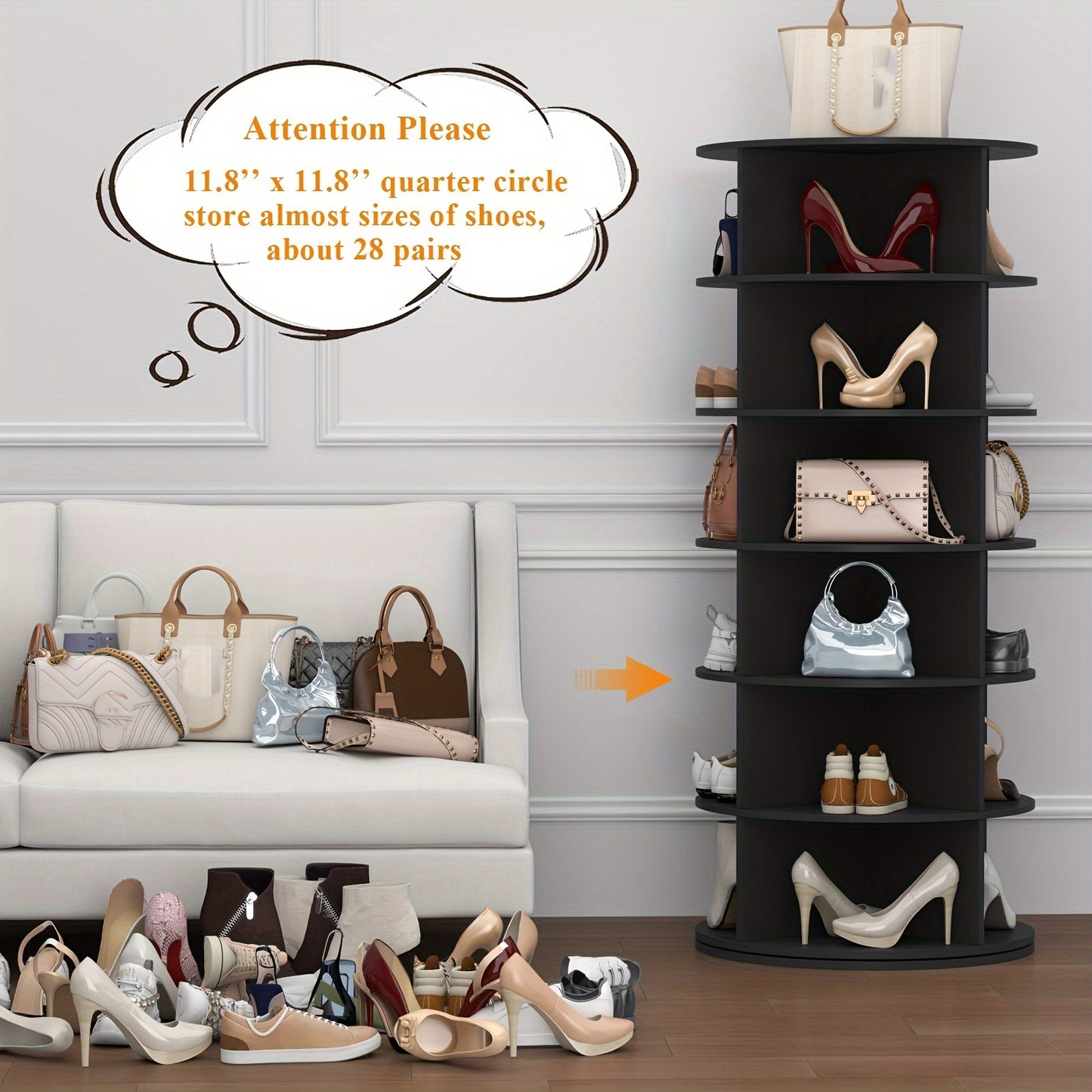 6-Tier Rotating Shoe Rack, 360° Spinning Shoe Organizer, Free-Standing Entryway Storage Tower for Shoes