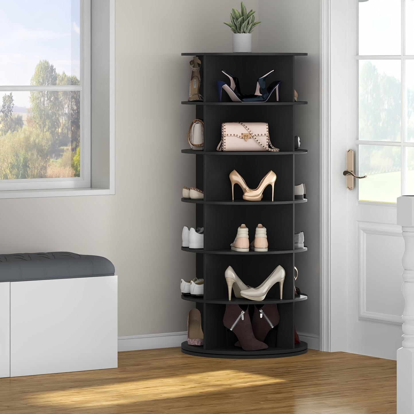 6-Tier Rotating Shoe Rack, 360° Spinning Shoe Organizer, Free-Standing Entryway Storage Tower for Shoes