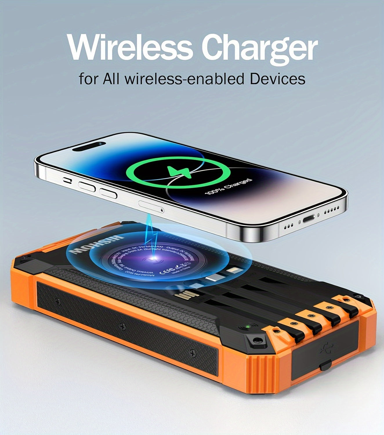 36800mAh Power Bank Wireless Charger Built in 4 Cables Six Outputs Fast Charging Power Bank for All Mobile Devices Three Inputs Solar Portable Charger with Dual Flashlights, Accessories Smartphone