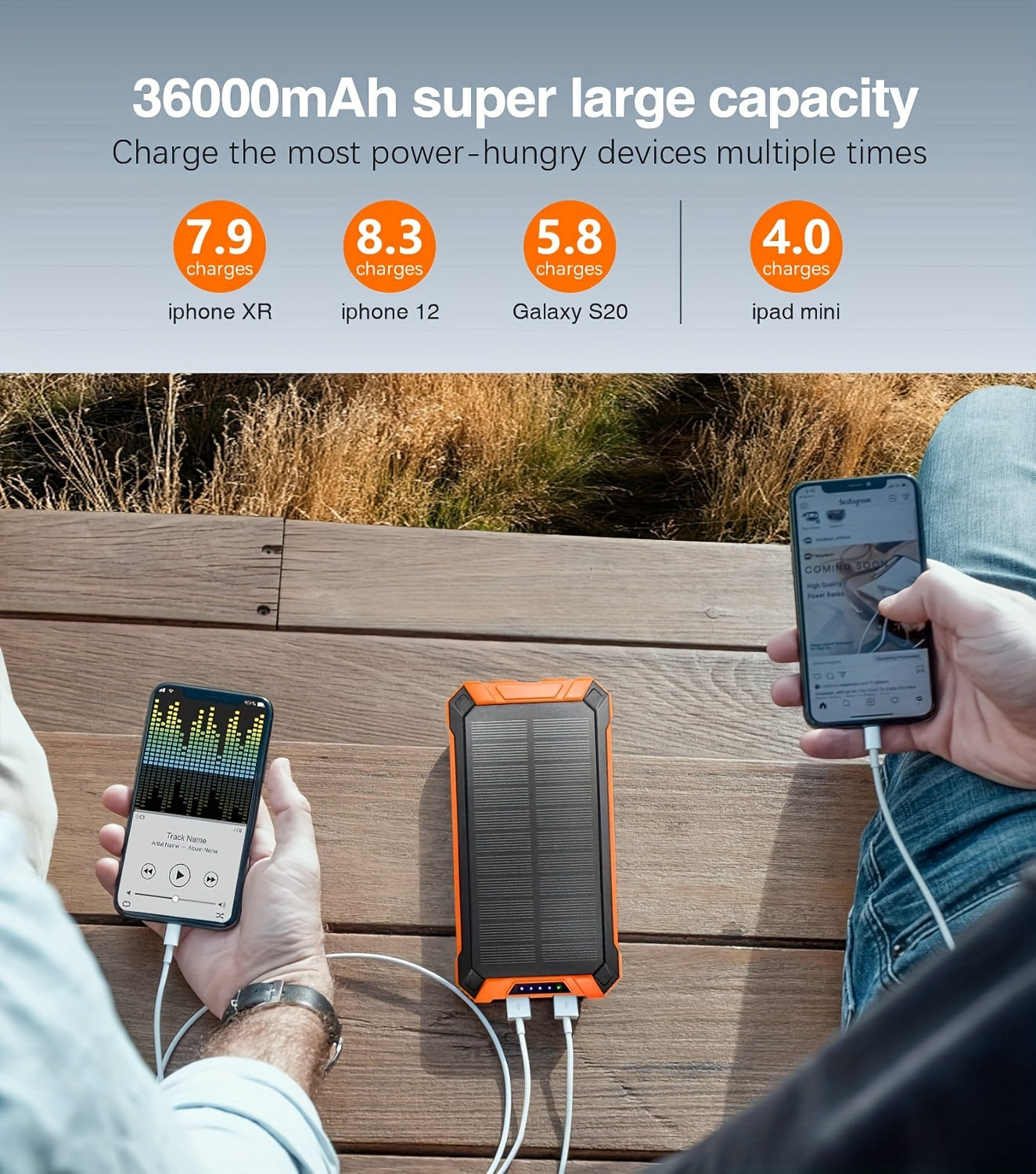 36800mAh Power Bank Wireless Charger Built in 4 Cables Six Outputs Fast Charging Power Bank for All Mobile Devices Three Inputs Solar Portable Charger with Dual Flashlights, Accessories Smartphone