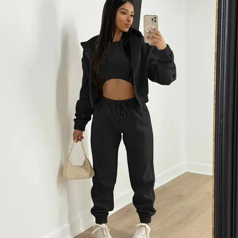 Active Wear 3 Piece Sets Womens Outfits Tracksuit Hooded Jacket Top + Vest + Sweatpants Sporty Suit Fitness Casual Matching Sets