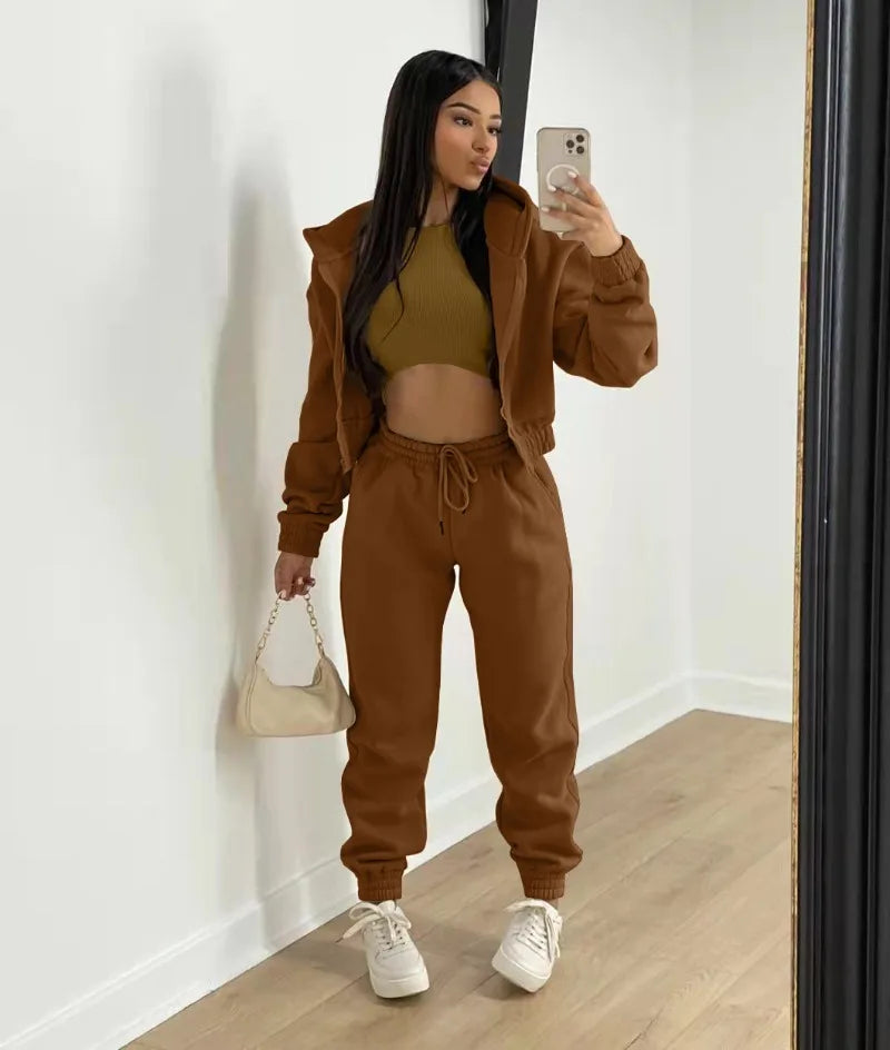 Active Wear 3 Piece Sets Womens Outfits Tracksuit Hooded Jacket Top + Vest + Sweatpants Sporty Suit Fitness Casual Matching Sets