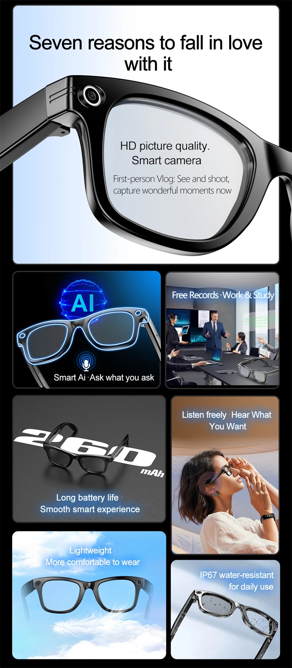 "BUY"
AI Smart Glasses with HD Camera for Photos Videos Hands-Free Vlog Recording Camera Glasses Audio for Driving Outdoor Sunglasses