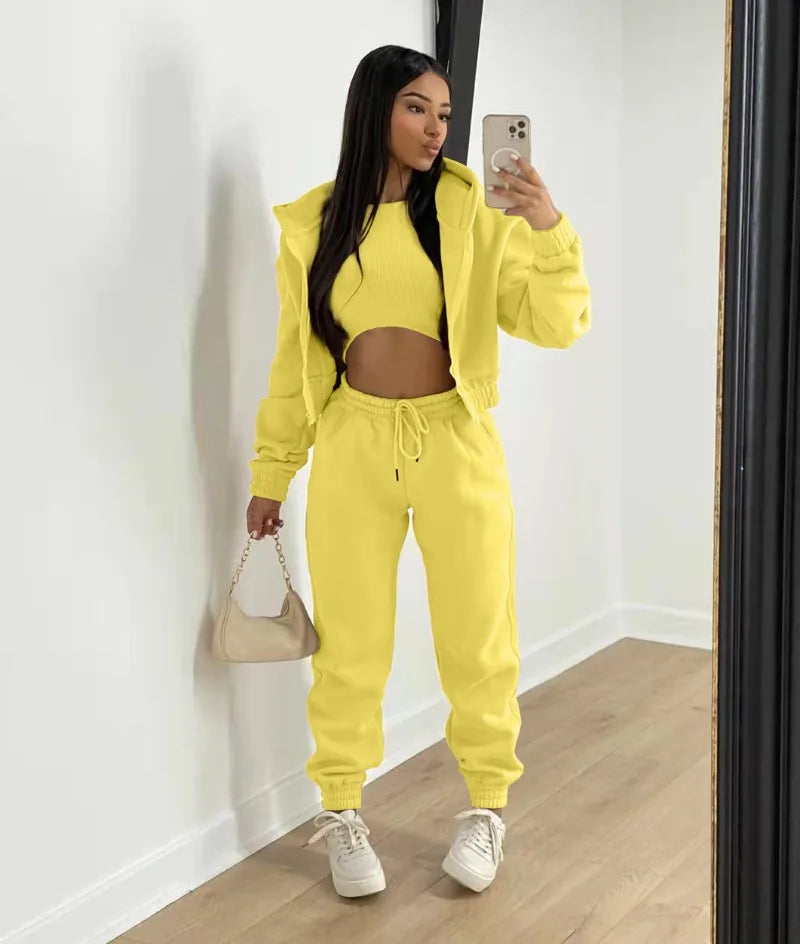 Active Wear 3 Piece Sets Womens Outfits Tracksuit Hooded Jacket Top + Vest + Sweatpants Sporty Suit Fitness Casual Matching Sets
