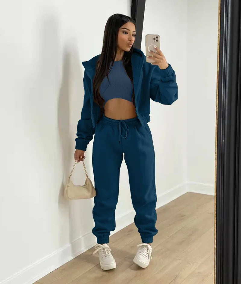 Active Wear 3 Piece Sets Womens Outfits Tracksuit Hooded Jacket Top + Vest + Sweatpants Sporty Suit Fitness Casual Matching Sets