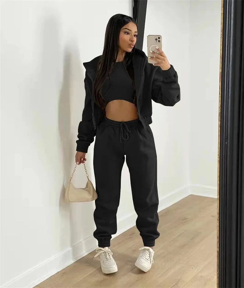 Active Wear 3 Piece Sets Womens Outfits Tracksuit Hooded Jacket Top + Vest + Sweatpants Sporty Suit Fitness Casual Matching Sets