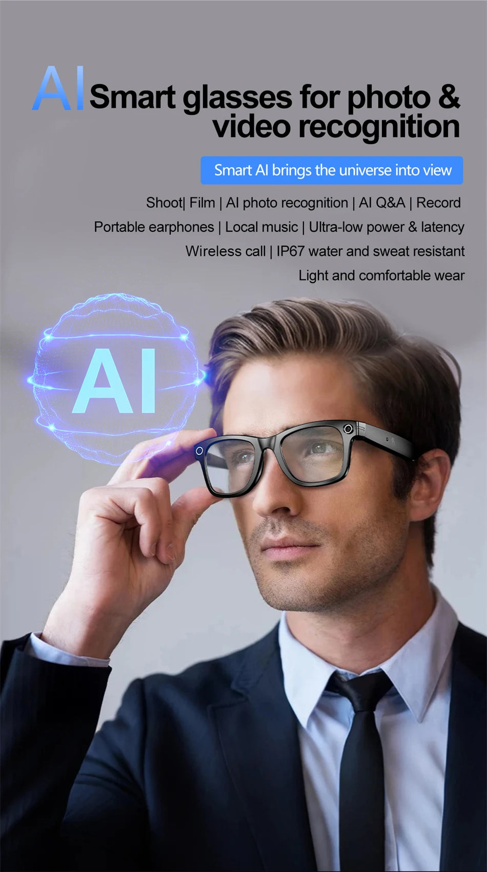 "BUY"
AI Smart Glasses with HD Camera for Photos Videos Hands-Free Vlog Recording Camera Glasses Audio for Driving Outdoor Sunglasses