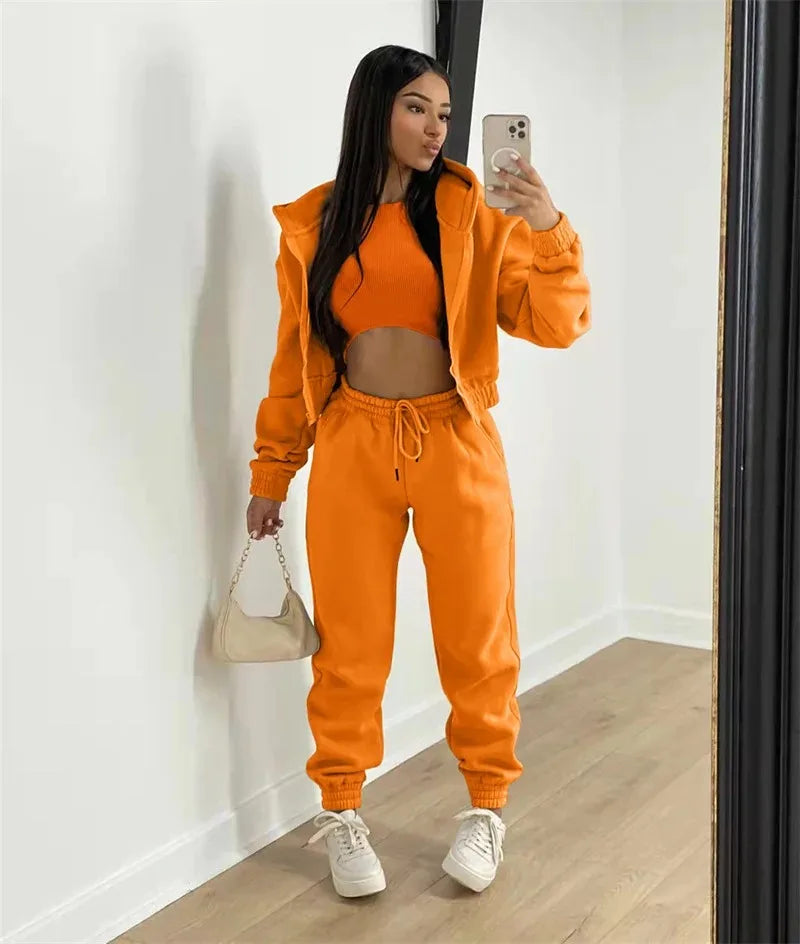 Active Wear 3 Piece Sets Womens Outfits Tracksuit Hooded Jacket Top + Vest + Sweatpants Sporty Suit Fitness Casual Matching Sets