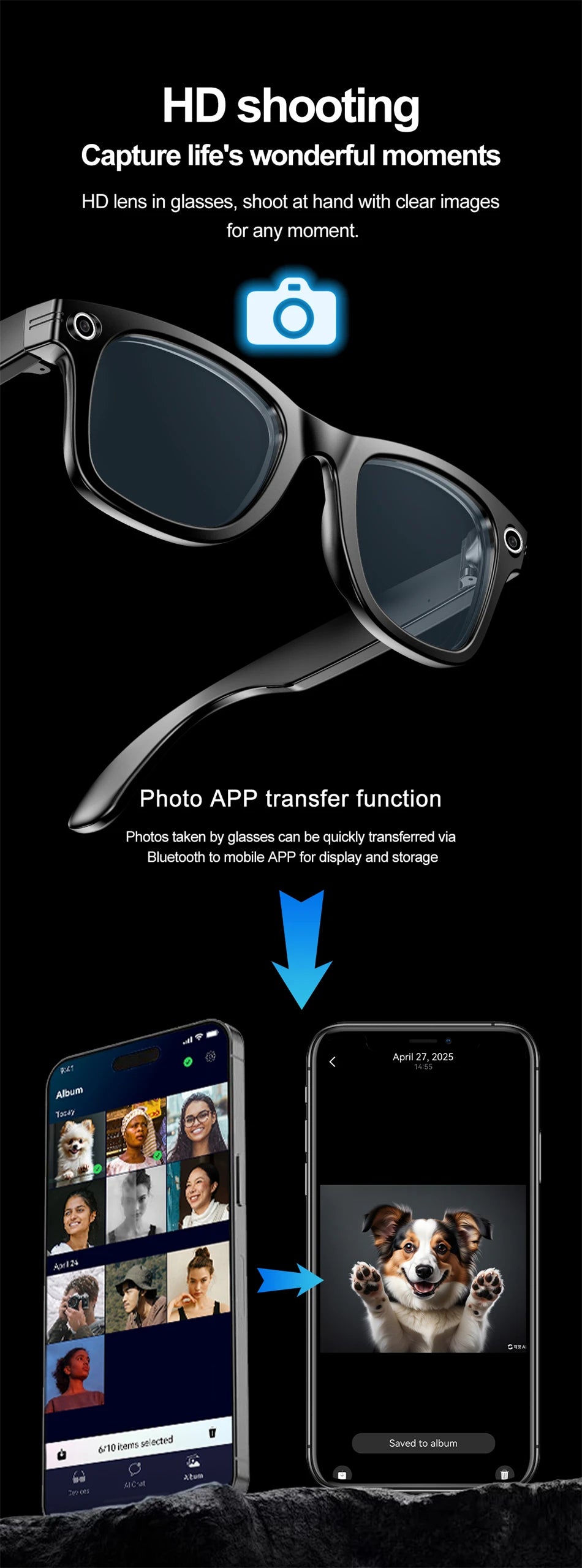 "BUY"
AI Smart Glasses with HD Camera for Photos Videos Hands-Free Vlog Recording Camera Glasses Audio for Driving Outdoor Sunglasses