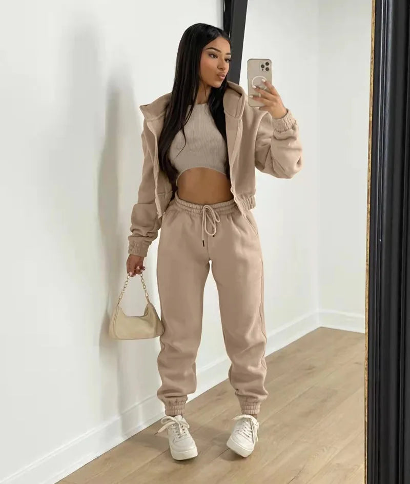 Active Wear 3 Piece Sets Womens Outfits Tracksuit Hooded Jacket Top + Vest + Sweatpants Sporty Suit Fitness Casual Matching Sets