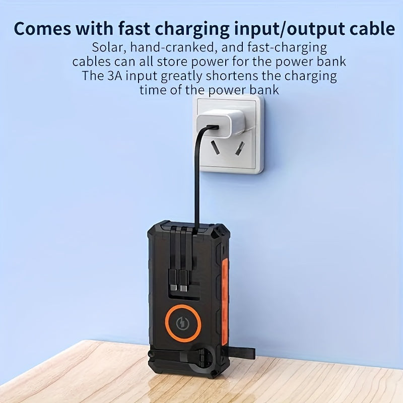 30000mAh Solar Portable Power Bank - Wireless Charger with 15W Fast Charging, 7 Outputs, 4 Inputs, Hand Crank, 3 Cables, SOS/Strobe/Strong Flashlights, and Rechargeable via Solar Panel or USB