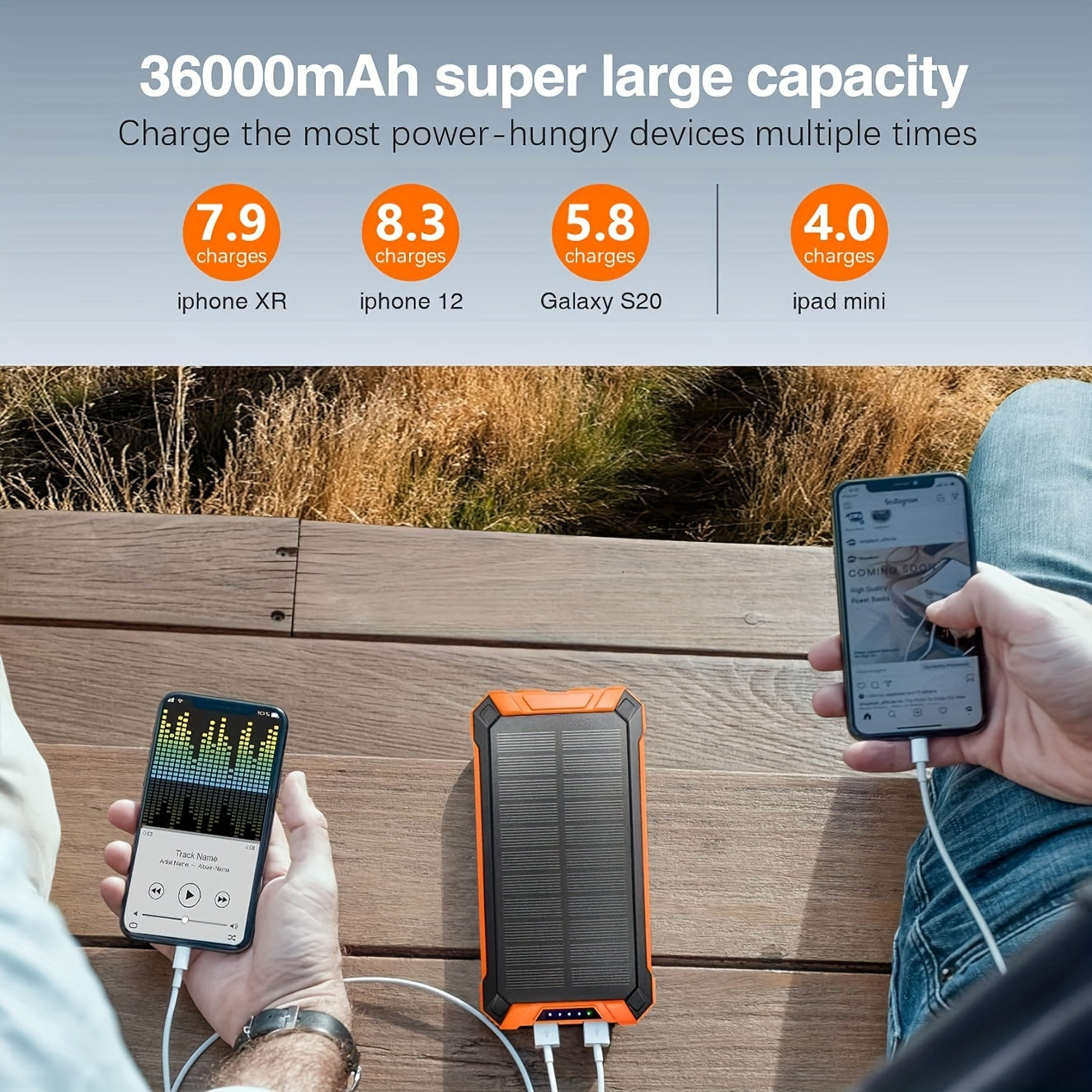 36800mAh Power Bank Wireless Charger Built in 4 Cables Six Outputs Fast Charging Power Bank for All Mobile Devices Three Inputs Solar Portable Charger with Dual Flashlights, Accessories Smartphone