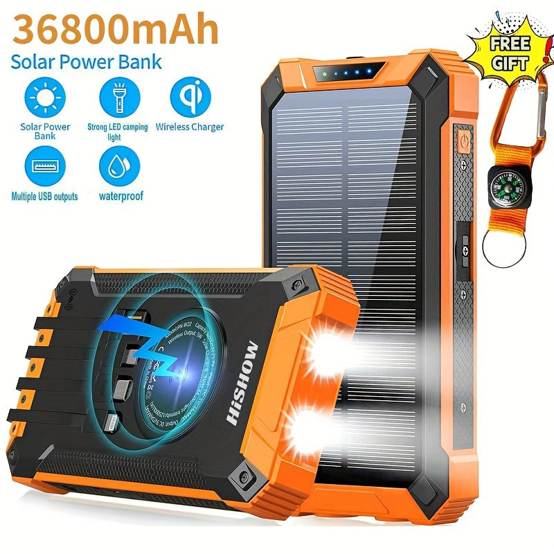 36800mAh Power Bank Wireless Charger Built in 4 Cables Six Outputs Fast Charging Power Bank for All Mobile Devices Three Inputs Solar Portable Charger with Dual Flashlights, Accessories Smartphone