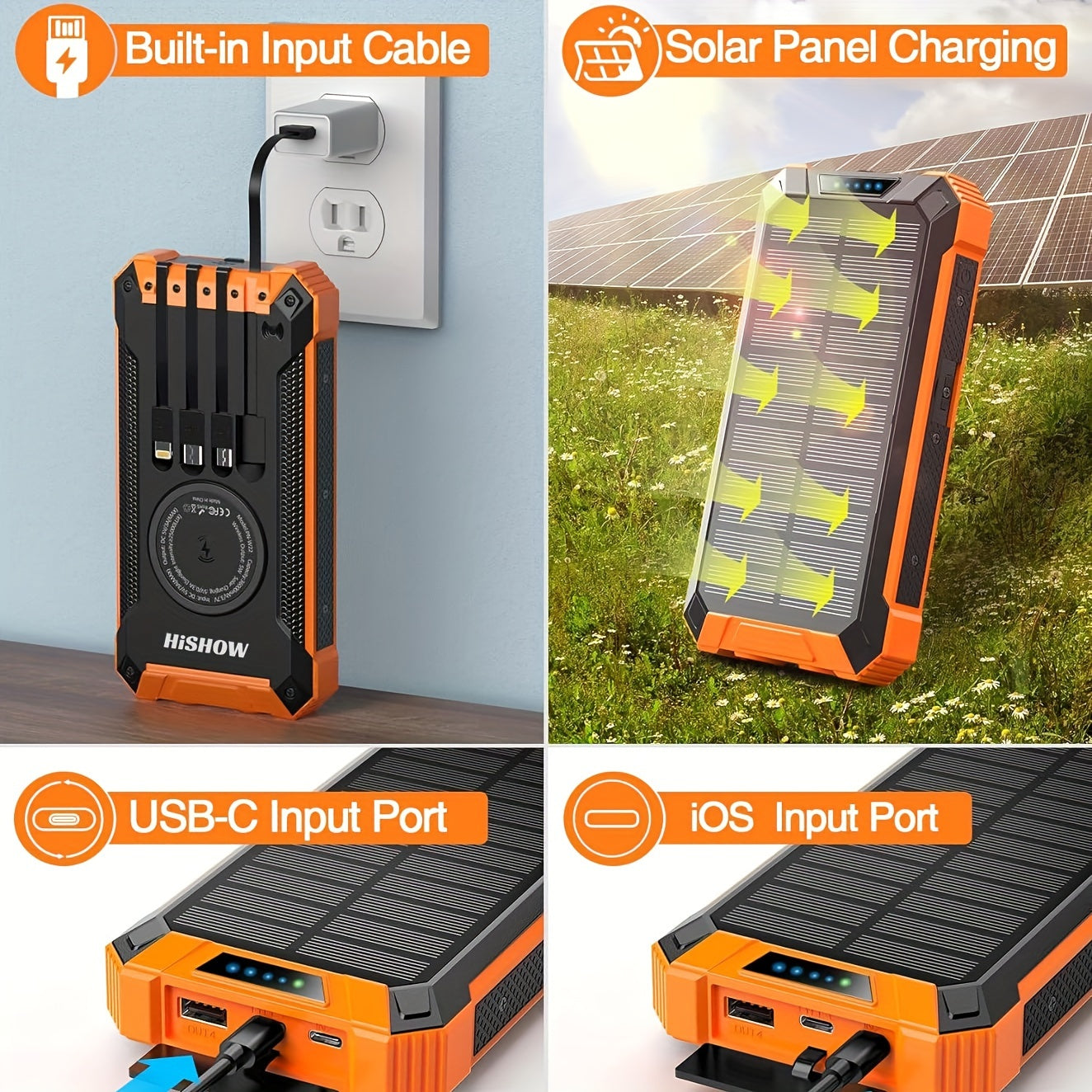 36800mAh Power Bank Wireless Charger Built in 4 Cables Six Outputs Fast Charging Power Bank for All Mobile Devices Three Inputs Solar Portable Charger with Dual Flashlights, Accessories Smartphone