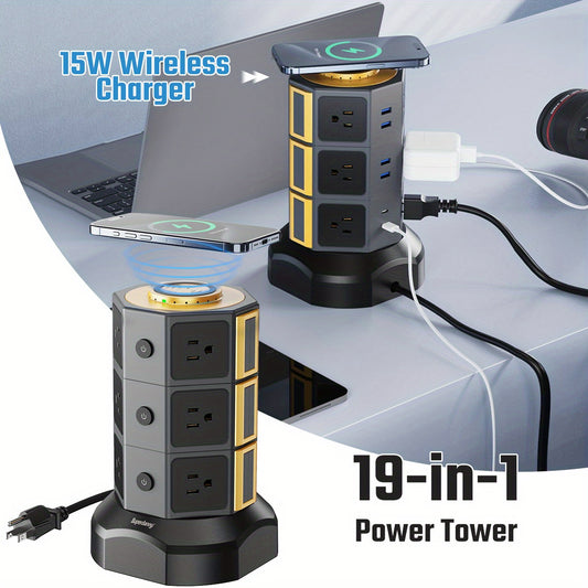 Tower Power Strip Surge Protector with Wireless Charger 2 USB C, 12 AC Outlet and 6 USB Ports 1050 Joules AC Multiple Outlets 6.5 Feet Extension Cord, Retractable Cable for Home Office Dorm Room, Golden for Christmas Gift