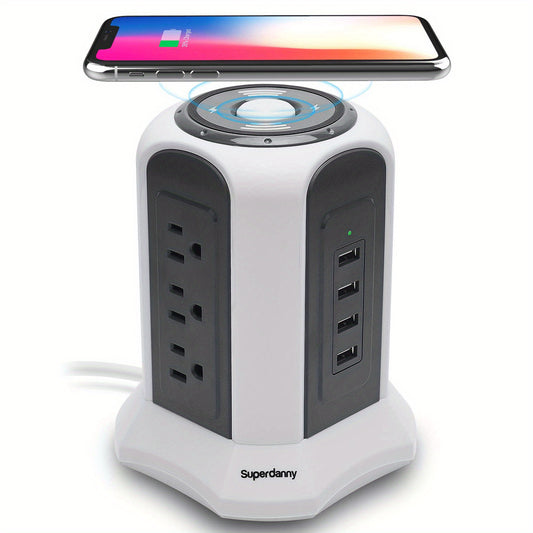 10ft Power Strip Tower Wireless Charger SUPERDANNY Surge Protector Long Extension Cord 10A 9-Outlet 4.5A 4 USB Electrical Charging Station Universal Socket for Laptop Phone White and Gray