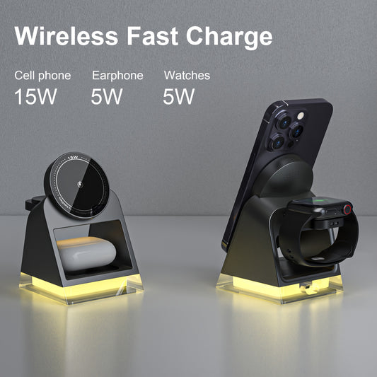 High-quality three-in-one magnetic wireless charger, 15W for mobile phone charging, 5W for smart watch, 5W for wireless headset charging, with LED touch night light