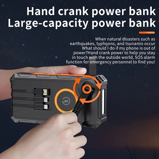 30000mAh Solar Portable Power Bank - Wireless Charger with 15W Fast Charging, 7 Outputs, 4 Inputs, Hand Crank, 3 Cables, SOS/Strobe/Strong Flashlights, and Rechargeable via Solar Panel or USB
