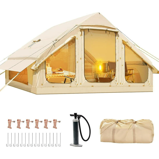 Inflatable Tent for Camping with Pump - Air Glamping Tents, Easy Setup Blow Up Tent, Waterproof Oxford Inflatable Tent, 4-6 Person Cabin Tent with Mesh & Chimney Window