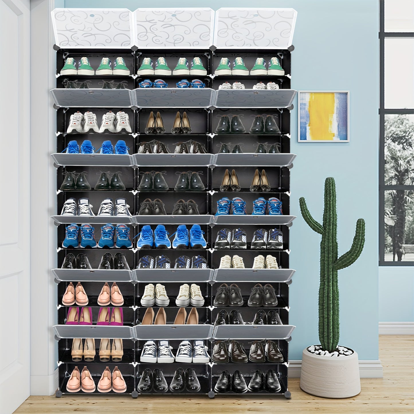 72-Pair Expandable Portable Shoe Rack Organizer - 12-Tier Tower Shelf Storage Cabinet Stand with 36 Grids for Heels and More - Space-Saving, Adjustable, and Sturdy Design for Home or Office Use