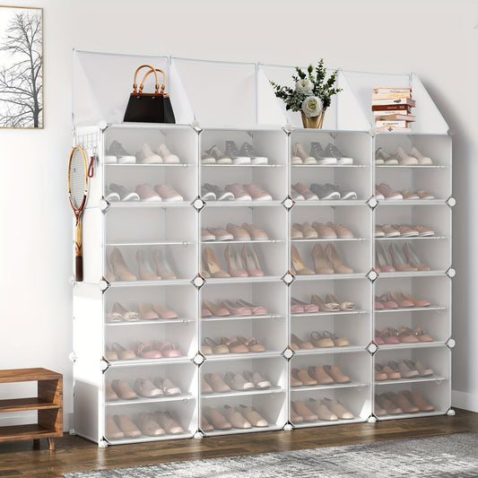 Shoe Rack Storage Cabinet with Doors, Key Holder, Portable Shoes Organizer, Expandable Standing Rack, Storage 64-96 Pairs Shoes, Boots, Slippers (4*8 tier) (White)