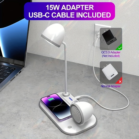 LED Desk Lamp, 15W Wireless Charger, Speaker, 3 In 1, Knob To Adjust Brightness, Dimmable Eye-Caring Reading Lamp, Bedside Atmosphere Night Light, 15W Fast Charging, Perfect For Home, Office, Dorm