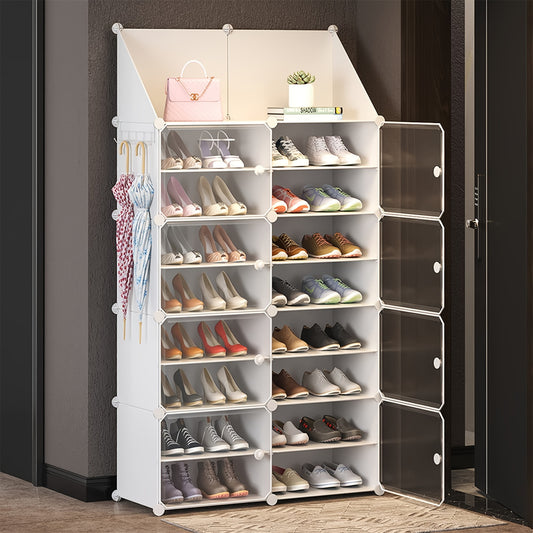 Shoe Rack Storage Cabinet with Doors, Key Holder, Portable Shoes Organizer, Expandable Standing Rack, Storage 32-64 Pairs Shoes, Boots, Slippers (2x8 tier) (White)