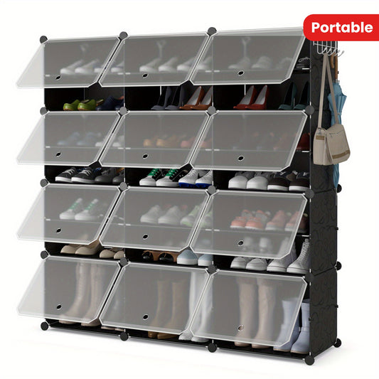 Portable Shoe Rack Organizer 12-Cube 48 Pair Shoe Shelf Storage Cabinet w/Hook Father's Day Gift